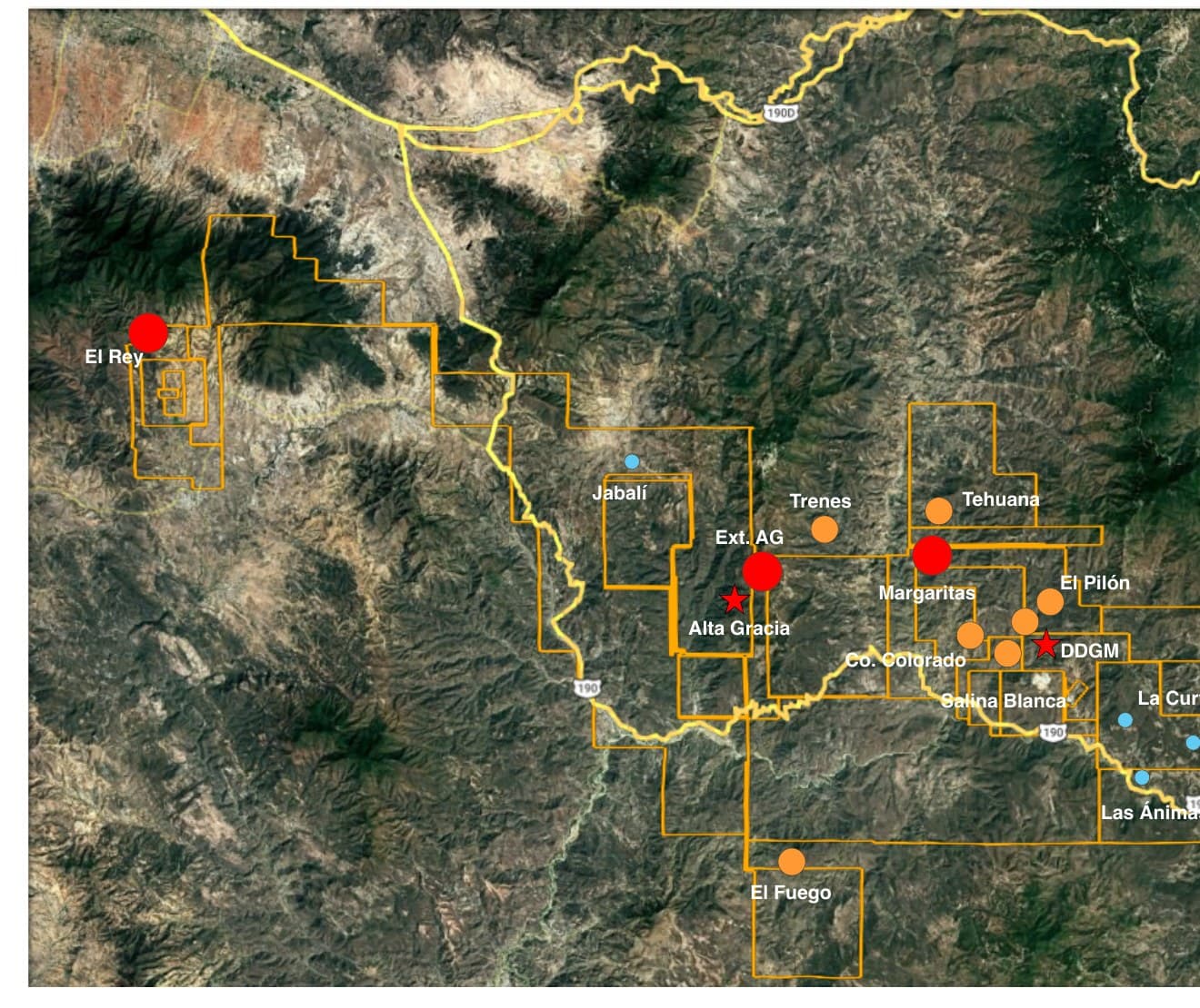 Greenfield exploration targets across the Don David property along the San José corridor, including Alta Gracia, El Rey and Margaritas