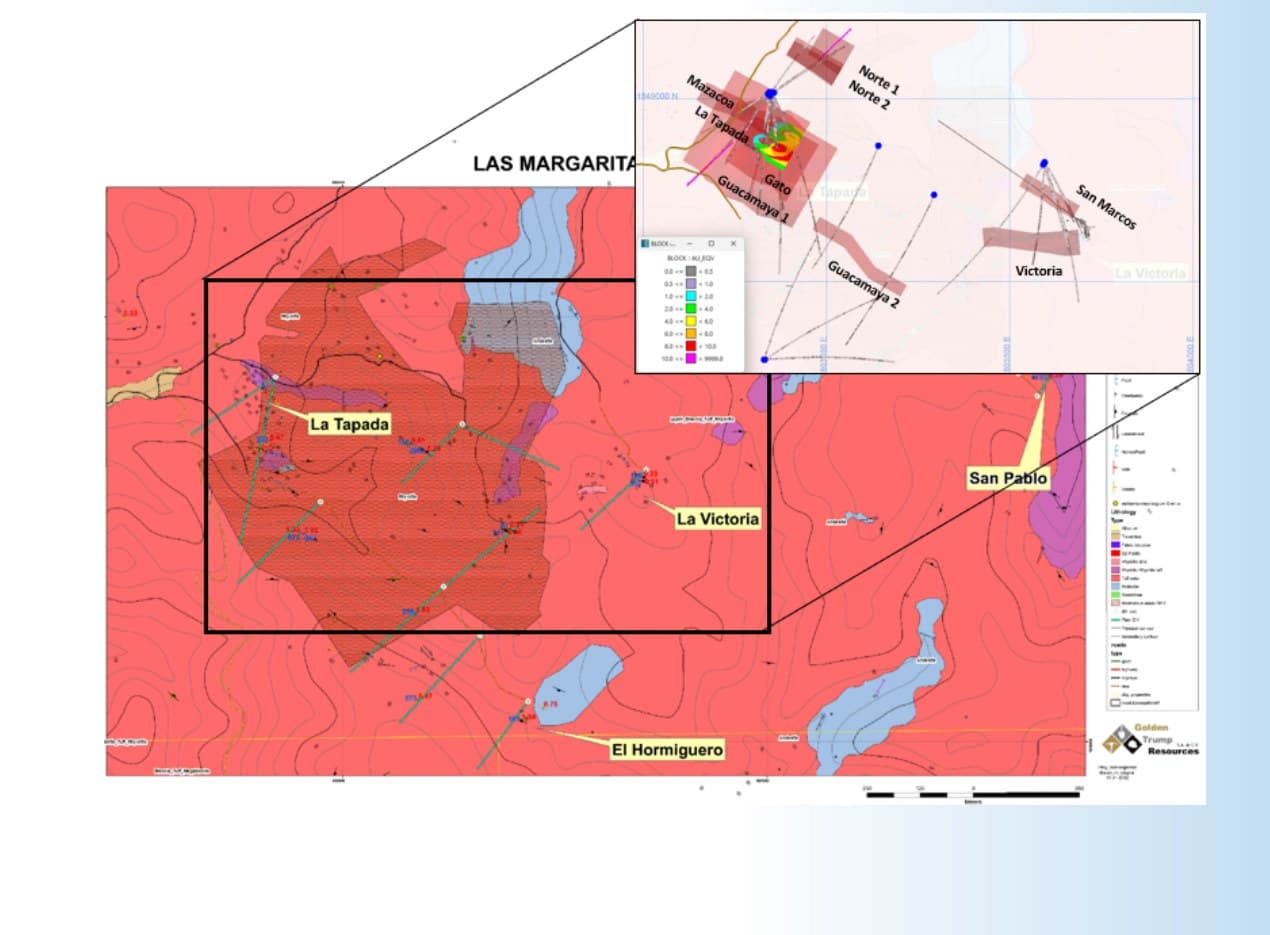 Las Margaritas geology map showing La Tapada, La Victoria and surrounding vein targets